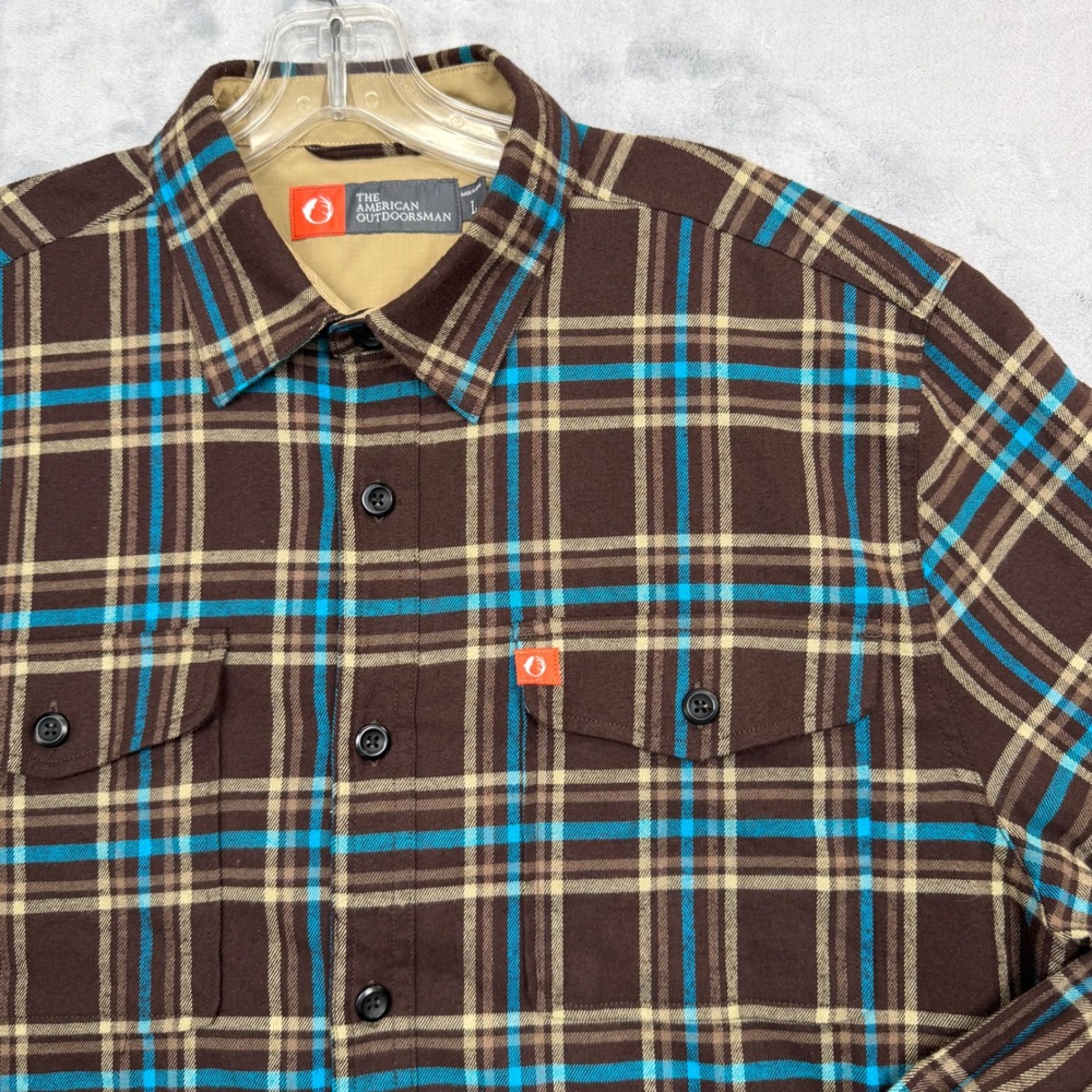 The American Outdoorsman Flannel Shirt Mens L Brown Plaid Long Sleeve Button Up - Picture 5 of 12